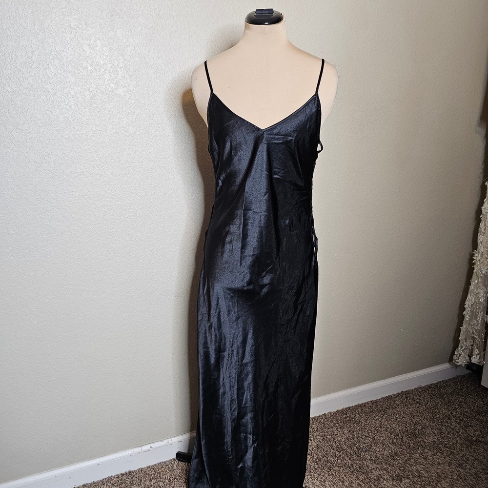 Victoria's Secret Black Satin Lace Up Side Slit Maxi Slip Dress Lingerie Medium
